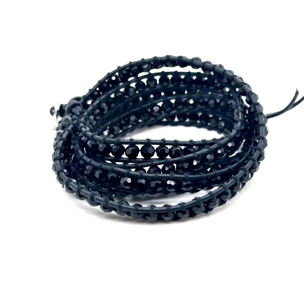 Victoria Emerson Black Crystal Multi Strand Leather Wrap Bracelet Boho Stacked